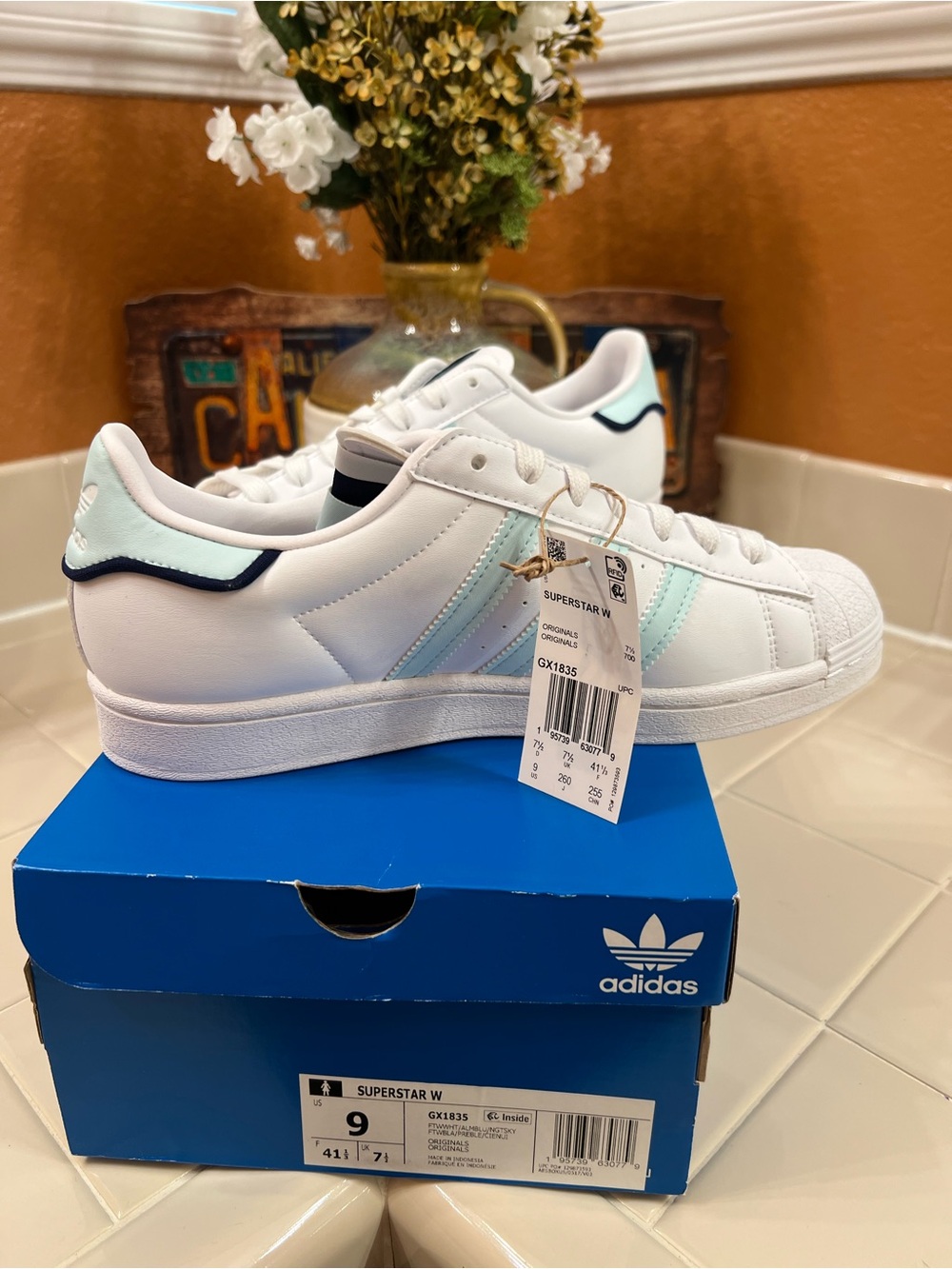 Adidas Superstar white leather with mint green stripes & navy accents